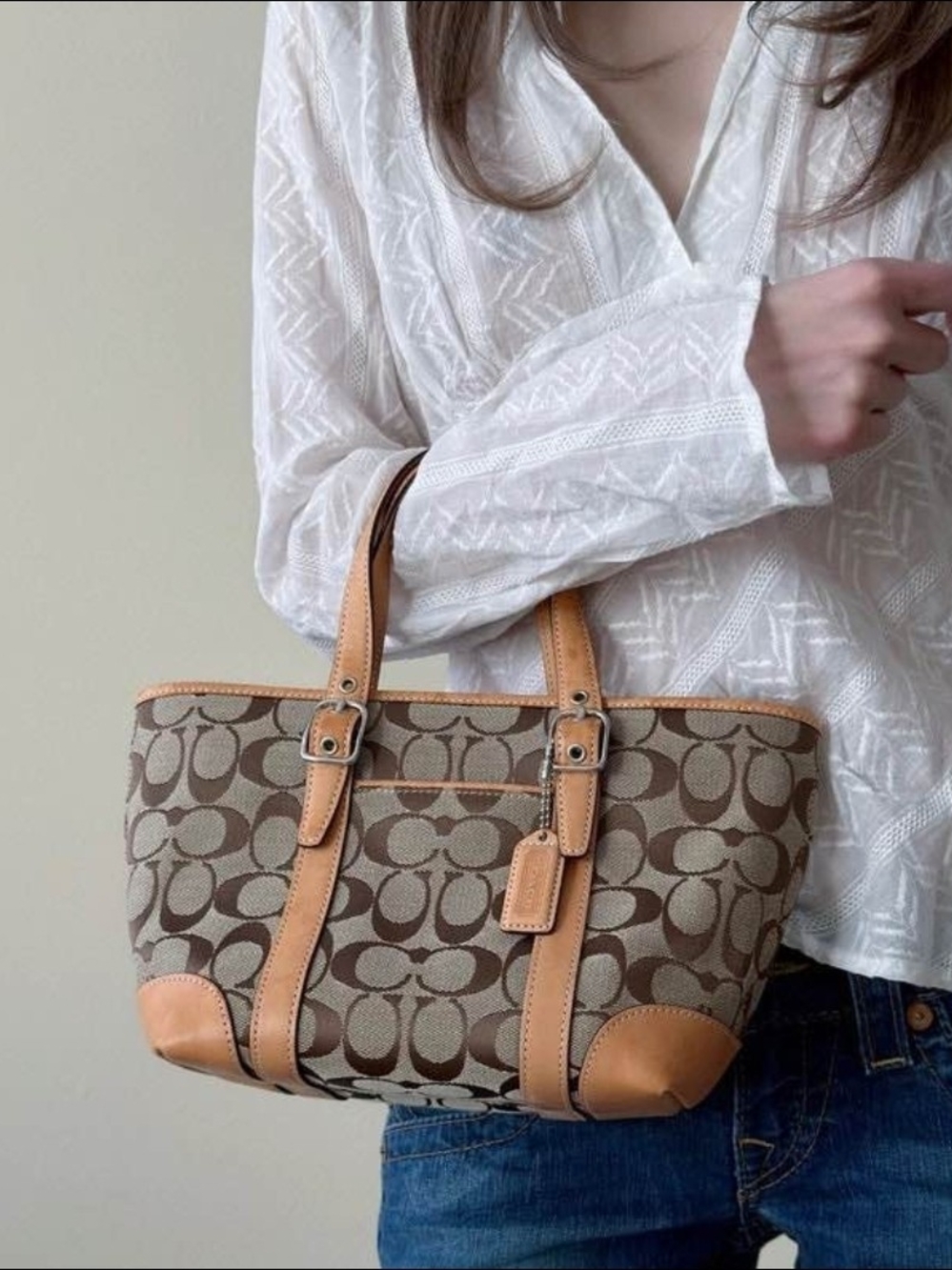 Coach Signature Brown Canvas Tote Bag Beige Leather Trim Handbag 6043